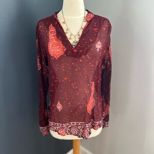 Calme Burgundy & Orange Batik-like Sheer Cotton Blouse